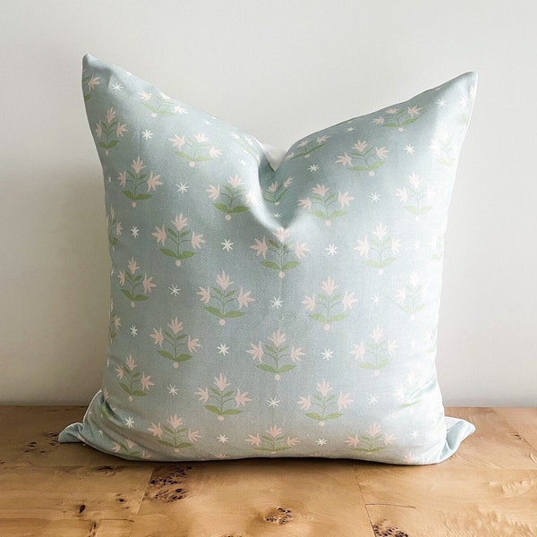 Danika Herrick Thistle Blue Aqua Green Pink Floral Block Print Pillow Cover, Grandmillenial Traditional Decorative Accent Throw Nursery Gift