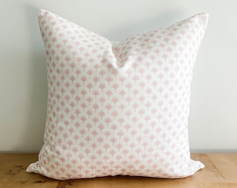 Danika Herrick Pale Pink Peach & White Cream Tiny Palms Pillow Cover, Mini Block Print Floral Grandmillenial Coastal Decorative Accent Throw