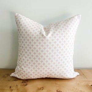 Danika Herrick Pale Pink Peach & White Cream Tiny Palms Pillow Cover, Mini Block Print Floral Grandmillenial Coastal Decorative Accent Throw