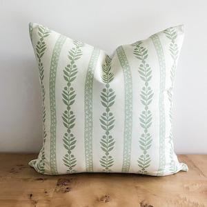 Danika Herrick Georgiana Quiet Green Pillow Cover, Ticking Stripe Pillow, Floral Pillow, Block Print Pillow, Throw Pillows, Grandmillenial