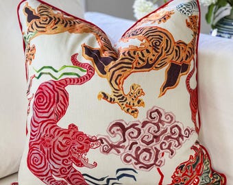 Hamilton Himalaya Tigers Dragon Pillow Cover in Natural - Grandmillennial Chinoiserie Decor