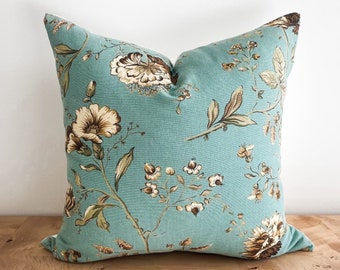 Teal & Gold Floral Pillow Cover, Grandmillenial Cottage Core French Country Decorative Accent Throw Pillow, Romantic Whimsical Decor