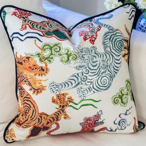 Hamilton Himalaya Natural Asian Tigers Dragon Pillow Cover, Chinoiserie Pillow, Grandmillenial Decor, Animal Print Pillow, Throw Pillows