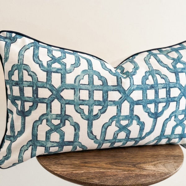 Imperial Seaside Blue & White Lattice Trellis Pillow Cover, Geometric Decorative Accent Throw Pillow, Designer Chinoiserie Grandmillenial