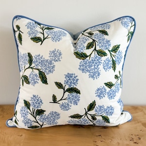 READY TO SHIP 18x18 Rifle and Paper Co Blue Cream Hydrangea Pillow Cover, Floral Decorative Throw Accent Pillow, Grandmillenial Nursery Gift