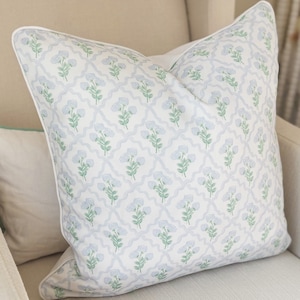 Blue White Watercolor Hydrangea Pillow Cover, Floral Pillow, Block Print, Throw Pillow, Grandmillenial, Farmhouse Decor, Cottagecore Decor