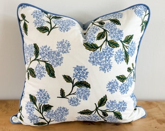 READY TO SHIP 18x18 Rifle and Paper Co Blue Cream Hydrangea Pillow Cover, Floral Decorative Throw Accent Pillow, Grandmillenial Nursery Gift