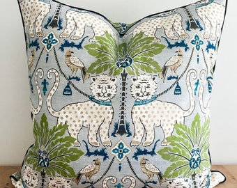 Happy Jaguar Indoor Outdoor Tropical Pillow Cover - Chinoiserie Grandmillennial Decor