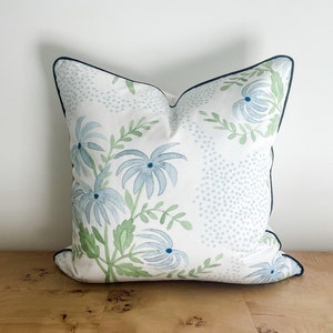 Danika Herrick Pearl's Bouquet Soft Blue & Light Green Pillow Cover, Tropical Coastal Palm Floral Decorative Accent Throw, Grandmillenial