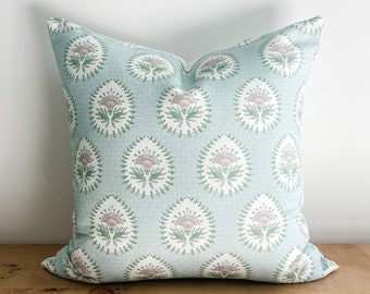 Danika Herrick Daphne Block Print Pillow Cover, Soft AQUA Blue Pink Green CREAM Paisley Grandmillenial Decorative Accent Throw, Nursery Gift