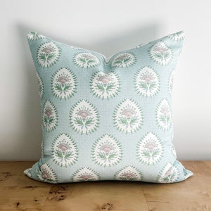 Danika Herrick Daphne Block Print Pillow Cover, AQUA Blue Pink Pillow, Paisley Floral Grandmillenial Decorative Accent Throw, Nursery Pillow