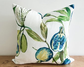 Ballard Alana Blue Tropical Botanical Pillow Cover, Atelier Green Blue and Ivory Decorative Accent Throw, Floral and Fruit, Grandmillenial