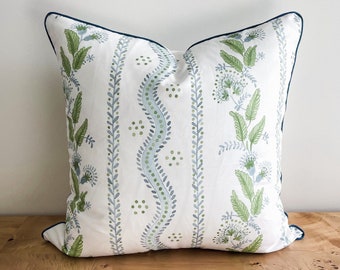 Danika Herrick Floral Vines Ticking Blue Green Soft White Pillow Cover, Grandmillenial, Decorative Accent Throw, Nursery Bridal Shower Gift