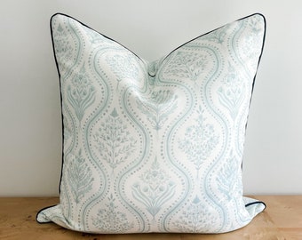 Danika Herrick Monticello Aqua Blue Pillow Cover, Block Print Pillow, Floral Pillow, Decorative Pillow, Throw Pillow, Grandmillenial Decor