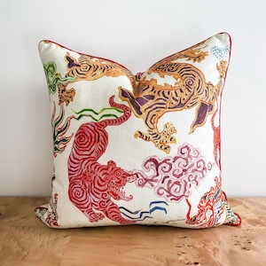 Hamilton Himalaya Natural Asian Tigers Dragon Pillow Cover, Chinoiserie Pillow, Traditional Grandmillenial Decor, Animal Print Accent Pillow