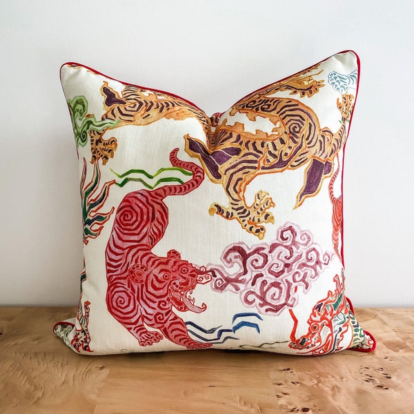 Hamilton Himalaya Natural Asian Tigers Dragon Pillow Cover, Chinoiserie Pillow, Grandmillenial Decor, Animal Print Pillow, Throw Pillows