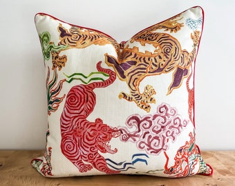 Hamilton Himalaya Natural Asian Tigers Dragon Pillow Cover, Chinoiserie Pillow, Traditional Grandmillenial Decor, Animal Print Accent Pillow