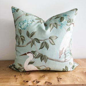 Covington Heron Mineral Blue Pillow Cover, Aqua Mint Green White Bird Botanical Floral Decorative Accent Throw Grandmillenial Chinoiserie