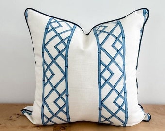 Ballard Reva BLUE & CREAM Bamboo Lattice Trellis Geometric Pillow Cover, Chinoiserie Grandmillenial, Decorative Throw Accent Pillow, Kravet