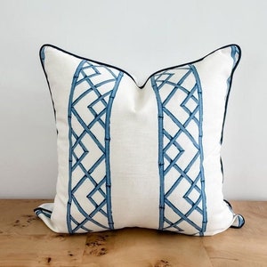 Ballard Reva Blue CREAM Pillow Cover, Bamboo Pillow, Lattice Trellis, Chinoiserie Pillow, Grandmillenial, Decorative Pillow, Throw Pillow