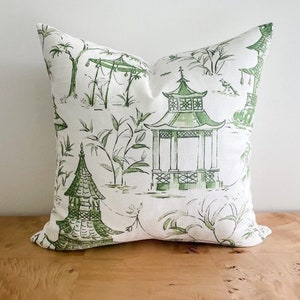 Green White Pagoda Pillow Cover, Asian Pagodas Jade Bamboo, Grandmillenial Traditional Chinoiserie  Decorative Accent Throw, Designer Fabric
