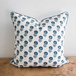 Colorloom Peru Blue Green Cream Floral Block Print Pillow Cover, Handprinted Indian Inspired, Blue and White Art Deco Grandmillenial