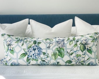 Treillage Serene Sky Trellis Pillow Cover, Quatrefoil Floral Hydrangea Hummingbird Blue Green White Decorative Accent Throw, Grandmillenial