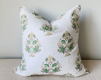Green and Beige on a Cream Background Spring Summer Decor. Floral Pillow Cover with Shades of Pink Yellow