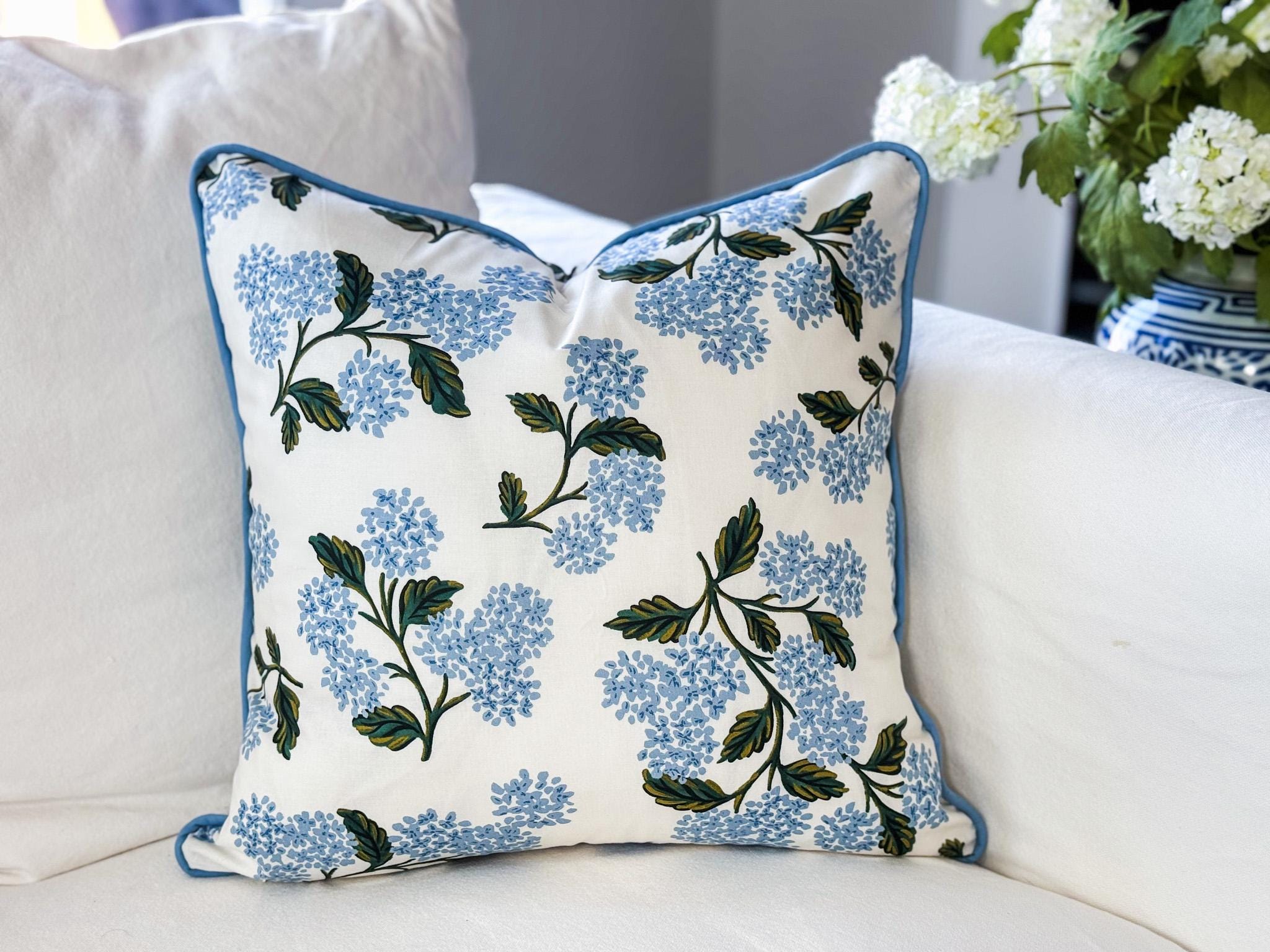 Rifle & Paper Co Blue Cream Hydrangea Pillow Cover, Floral Pillow, Decorative Pillow, Grandmillenial Decor, Nursery Pillow, Farmhouse Decor