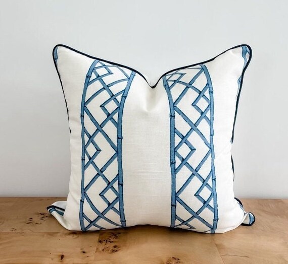 Throw Pillows Covers Navy Blue and Cream, Trellis Pattern Pillows