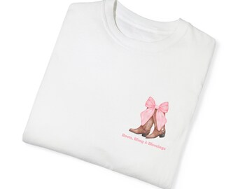 Minimalist Boots Bling Blessings Crewneck T shirt, Preppy Pink Cowgirl tee, Cowboy Boots & Pink Bow, Western Country Girl Bachelorette Party