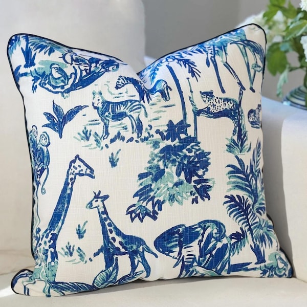 Blue Jungle Animal Print Toile Pillow Cover | Chinoiserie Decor