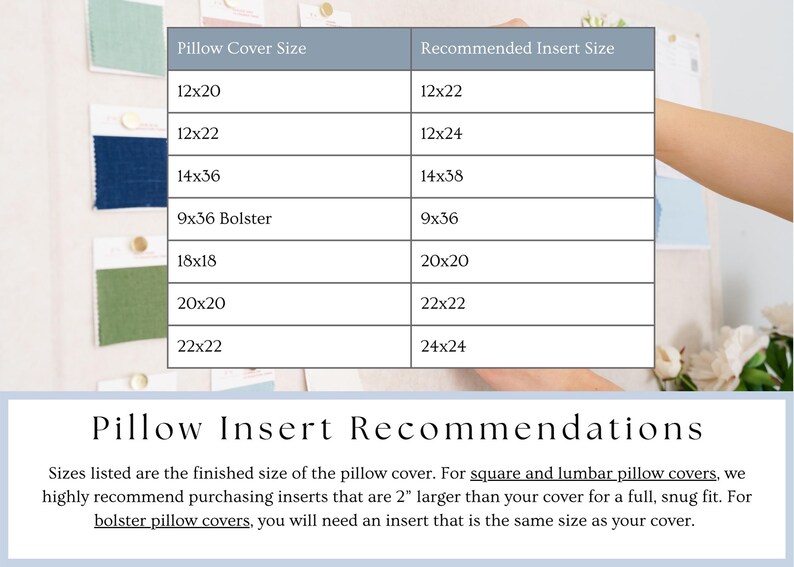 May include: A chart titled "Pillow Insert Recommendations" with a table showing pillow cover sizes and recommended insert sizes. The chart includes sizes like 12x20, 12x22, 14x36, 9x36 Bolster, 18x18, 20x20, and 22x22 inches.