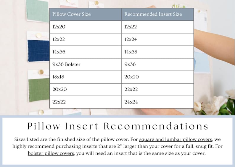 May include: A chart detailing pillow cover sizes and recommended insert sizes. The chart includes sizes like 12x20, 12x22, 14x36, 9x36 Bolster, 18x18, 20x20, and 22x22, with corresponding insert sizes. Text at the bottom explains insert recommendations.