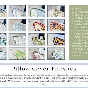 May include: A product image showcasing various pillow cover finishes. The image displays 16 different pillow corner designs, each with unique patterns and colors. The text on the right lists the finish options, including XL Navy, French Blue, Olive Green, and more.