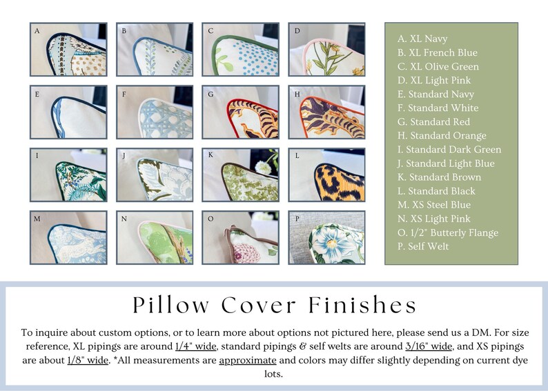 May include: A product image showcasing various pillow cover finishes. The image displays 16 different pillow corner designs, each with unique patterns and colors. The text on the right lists the finish options, including XL Navy, French Blue, Olive Green, and more.