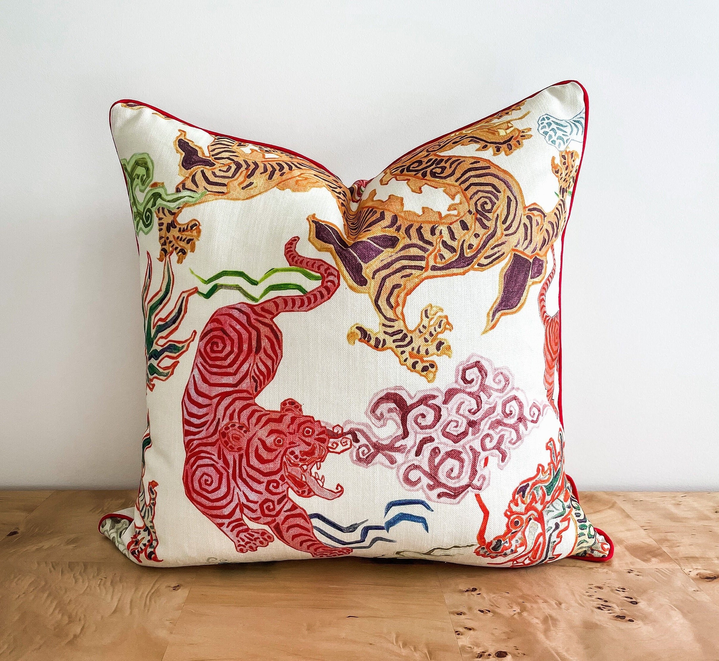 Hamilton Himalaya Natural Asian Tigers Dragon Pillow Cover, Chinoiserie Pillow, Grandmillenial Decor, Animal Print Pillow, Throw Pillows