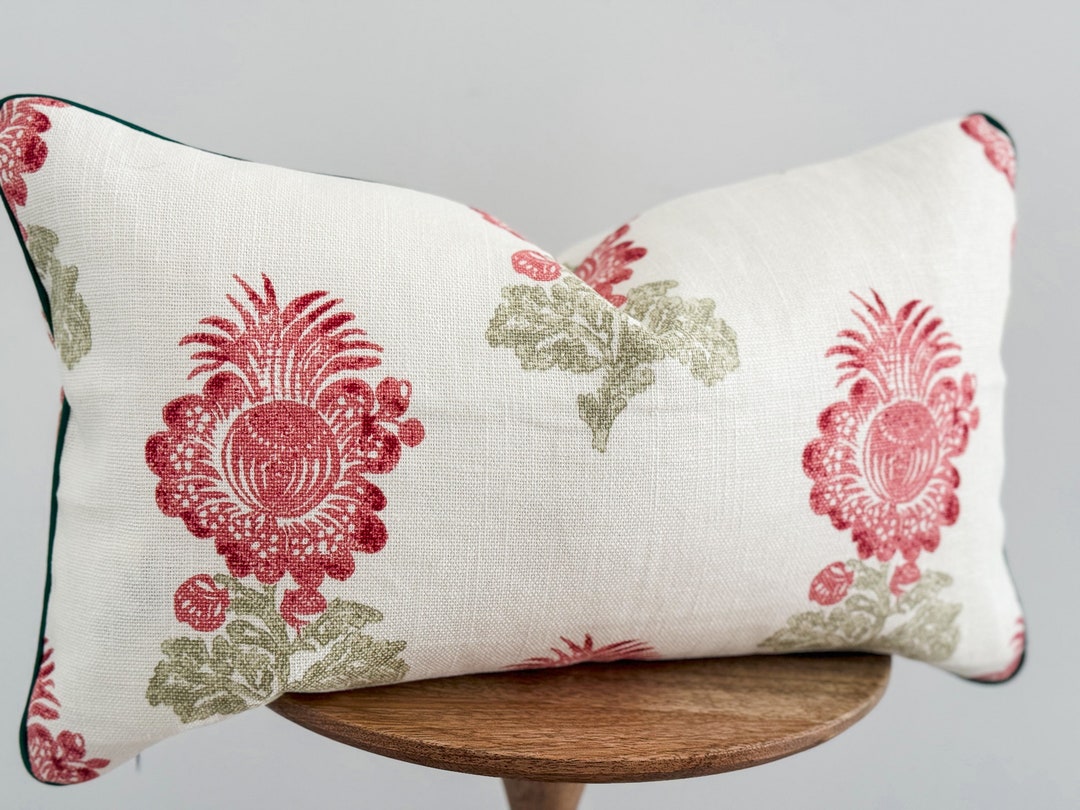 READY TO SHIP 12x20 Thibaut Aldith Floral Pillow Cover, Red Green Beige