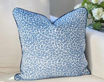 Blue Cheetah Chenille Dot Pillow Cover - Grandmillennial Coastal Decor
