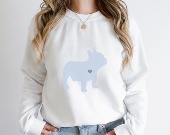 Minimalist Blue White Frenchie Unisex Crewneck Sweatshirt, French Bull Dog Mom Gift, Animal Advocate Coastal Grandmillenial Cozy Loungewear