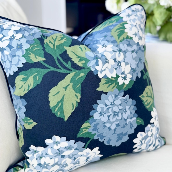 Navy Summer Wind Hydrangea Floral Pillow Cover - Farmhouse Cottagecore Decor