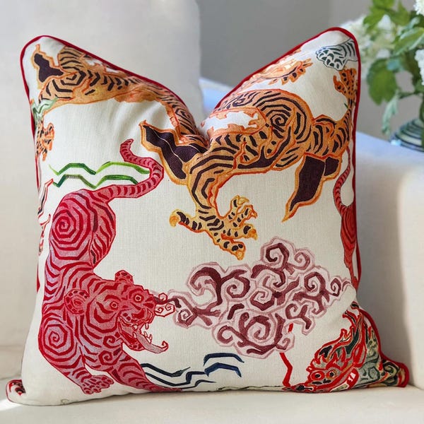 Hamilton Himalaya Tigers Dragon Pillow Cover in Natural | Grandmillennial Chinoiserie Decor