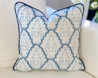 Danika Herrick Blue Scallop Paisley Pillow Cover - Coastal Grandmillennial Decor