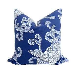 Pisces Aegean Koi Fish Pillow Cover in Navy Blue and White Cream, Coastal Chinoiserie Grandmillenial Decorative Accent Throw Pillow