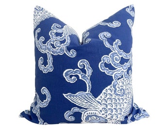 Pisces Aegean Koi Fish Pillow Cover in Navy Blue and White Cream, Coastal Chinoiserie Grandmillenial Decorative Accent Throw Pillow