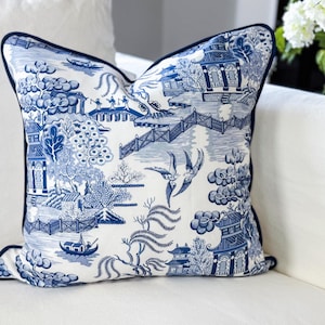 Whitney English Blue Willow Pillow Cover, Traditional Decor, Toile Pillow, Decorative Pillow, Grandmillenial Decor, Chinoiserie Decor