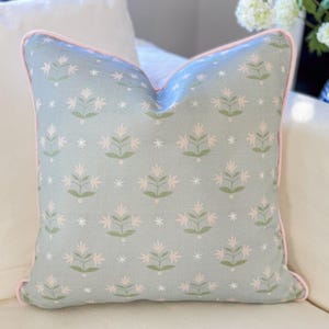 Danika Herrick Thistle Blue Pillow Cover, Floral Pillow, Block Print Pillow, Grandmillenial Decor, Nursery Pillow, Throw Pillow Gift for Her