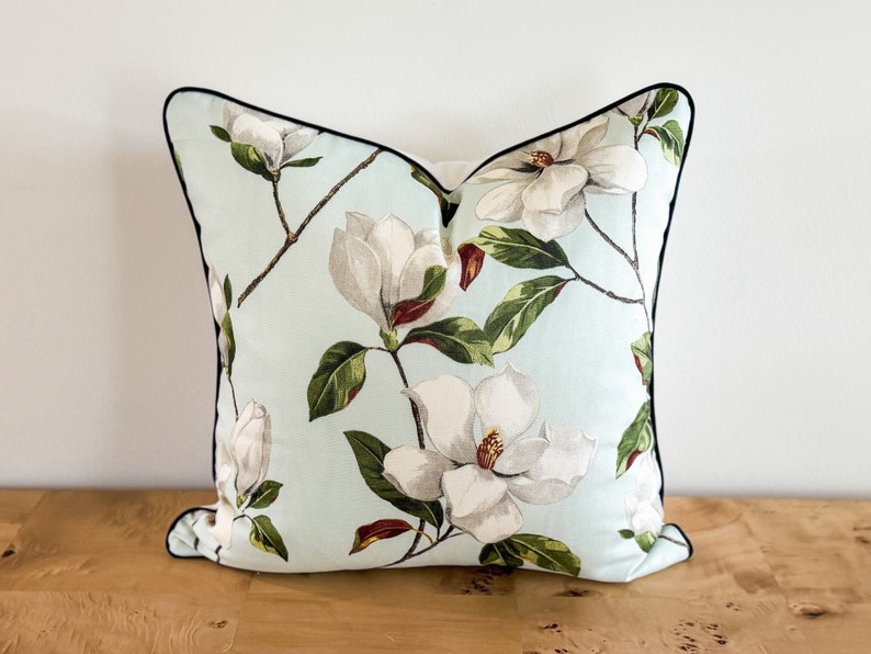 Covington Magnolia Pillow Cover, Mint Green Pillow, Grandmillenial Decor, Farmhouse Decor, Decorative Throw Pillow, Floral Pillow, Magnolia image 1