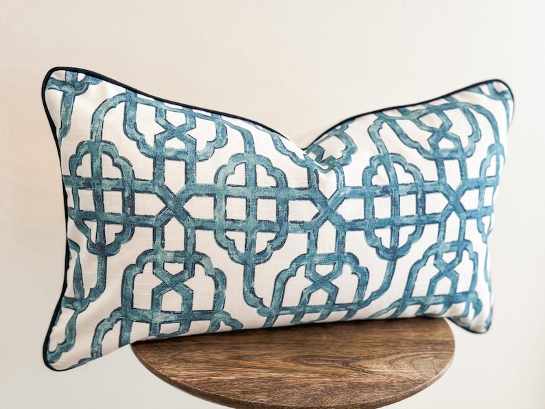 Imperial Seaside Blue & White Lattice Trellis Pillow Cover, Geometric Decorative Accent Throw Pillow, Designer Chinoiserie Grandmillenial image 1