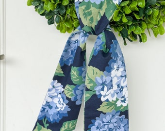 Navy Hydrangea Wreath Sash, Floral Wreath Bow, Grandmillenial Decor, Baby Shower Bow, Front Door Bow, Boxwood Wreath Sash, Shower Gift